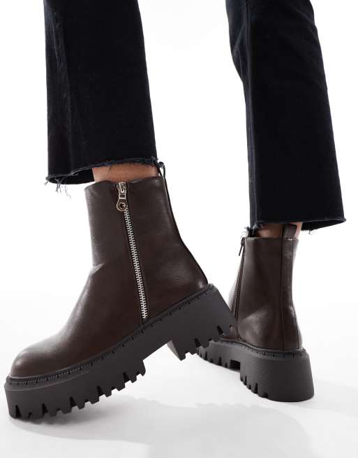 SEQWL Stella zip detail chunky boots in brown