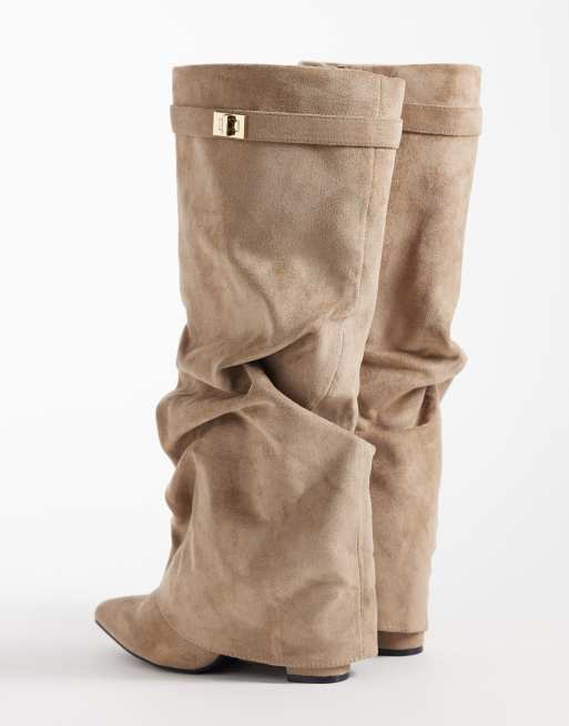 SEQWL stivali al ginocchio in finto camoscio con risvolto, taupe, 4 di 4