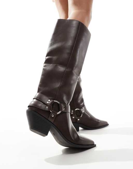 SEQWL - Stivali al ginocchio stile western color cioccolato a pianta larga, 2 di 4