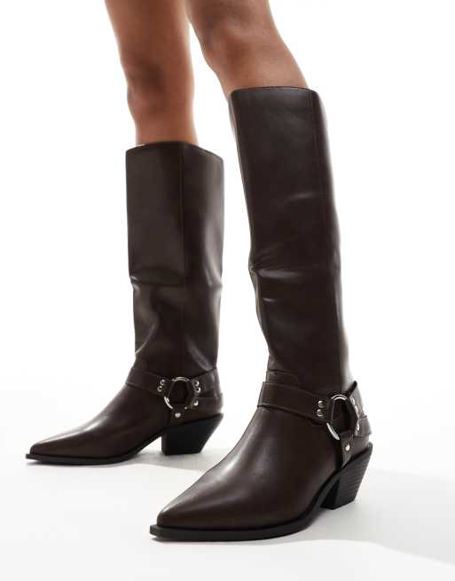 SEQWL - Stivali al ginocchio stile western color cioccolato a pianta larga, 4 di 4