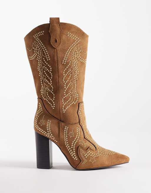 SEQWL - Stivali al ginocchio stile western con decorazioni color talpa micro