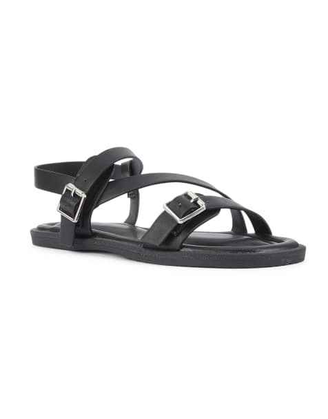 SEQWL Strappy flat sandals gladiator style double buckle detail in black - view 1