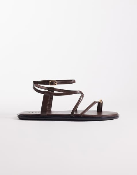 SEQWL strappy flat sandals with gold embellishment in brown - view 1