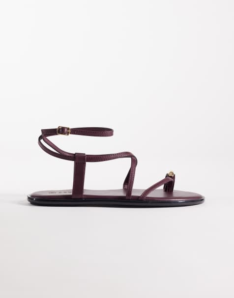 SEQWL strappy flat sandals with gold embellishment in burgundy - view 1