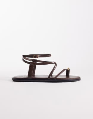 Seqwl Strappy Flat Sandals With Gold-tone Embellishment In Black