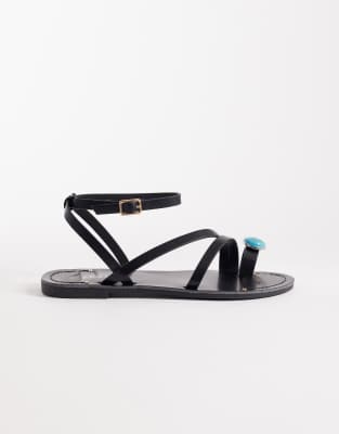 Seqwl Strappy Flat Sandals With Toe Embellishment In Black
