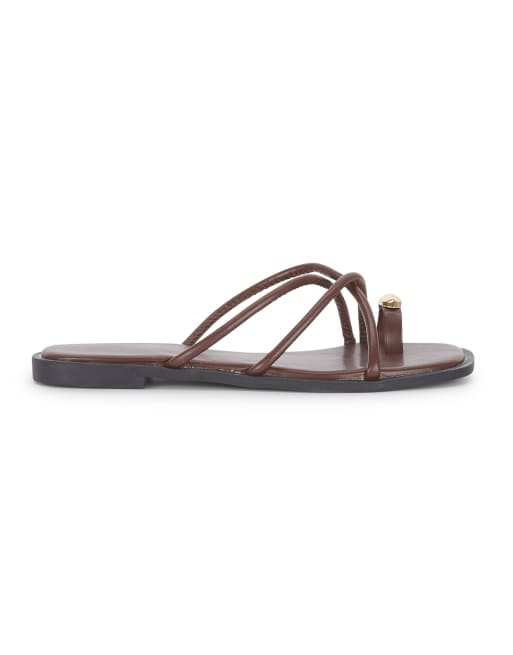 SEQWL Strappy flat slide sandals with toe-loop hardware detail in brown, 3 of 5