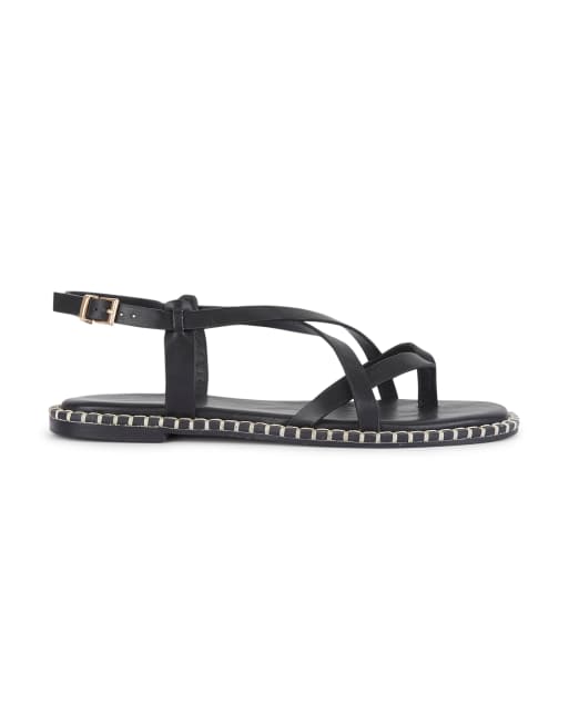 SEQWL Strappy sandals flat thong style with contrast stitched sole in black, 3 of 5