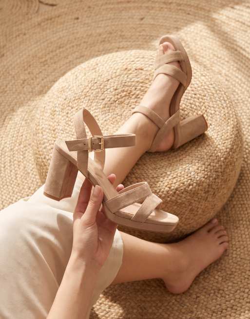 SEQWL Stylish round toe high block heel shoes with ankle strap in taupe, 2 of 5