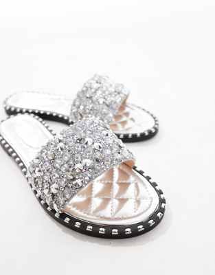 Seqwl Tarrogan Flat Sandals With Embellished Strap In Silver