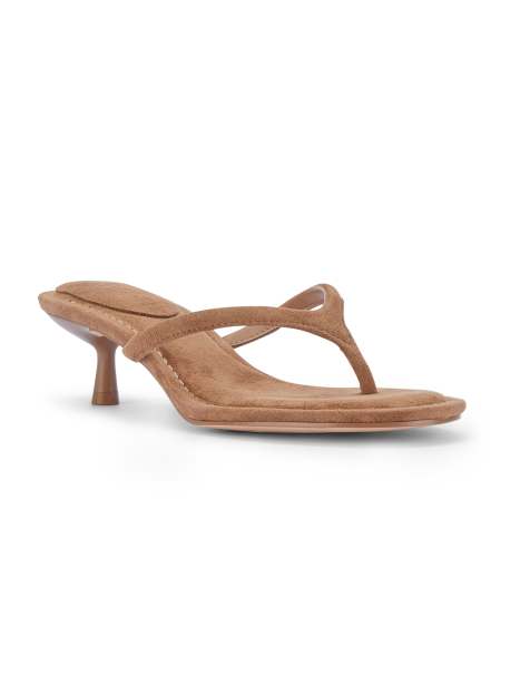 SEQWL Thong mule kitten heel sandals with minimalist straps in tan - view 1