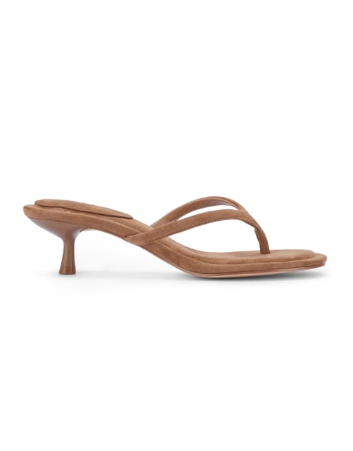 SEQWL Thong mule kitten heel sandals with minimalist straps in tan, 3 of 5