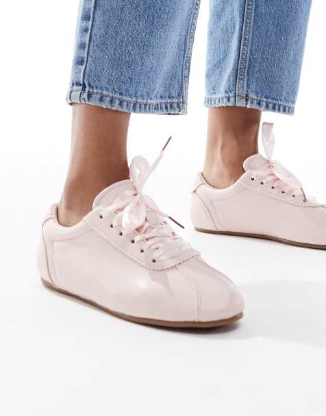 SEQWL Toffee ribbon detail lace up trainers in baby pink - view 1