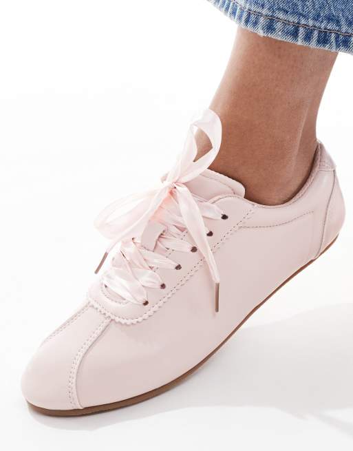 SEQWL Toffee ribbon detail lace up trainers in baby pink, 4 of 5
