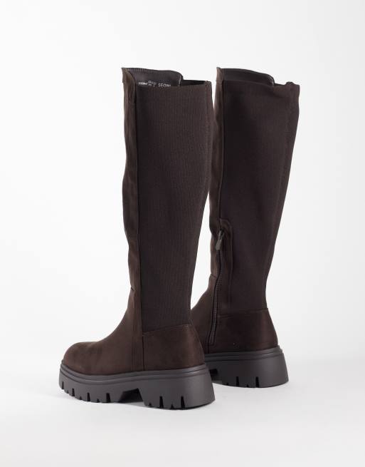 SEQWL Twirl faux suede chunky knee boots in chocolate brown, 4 of 4