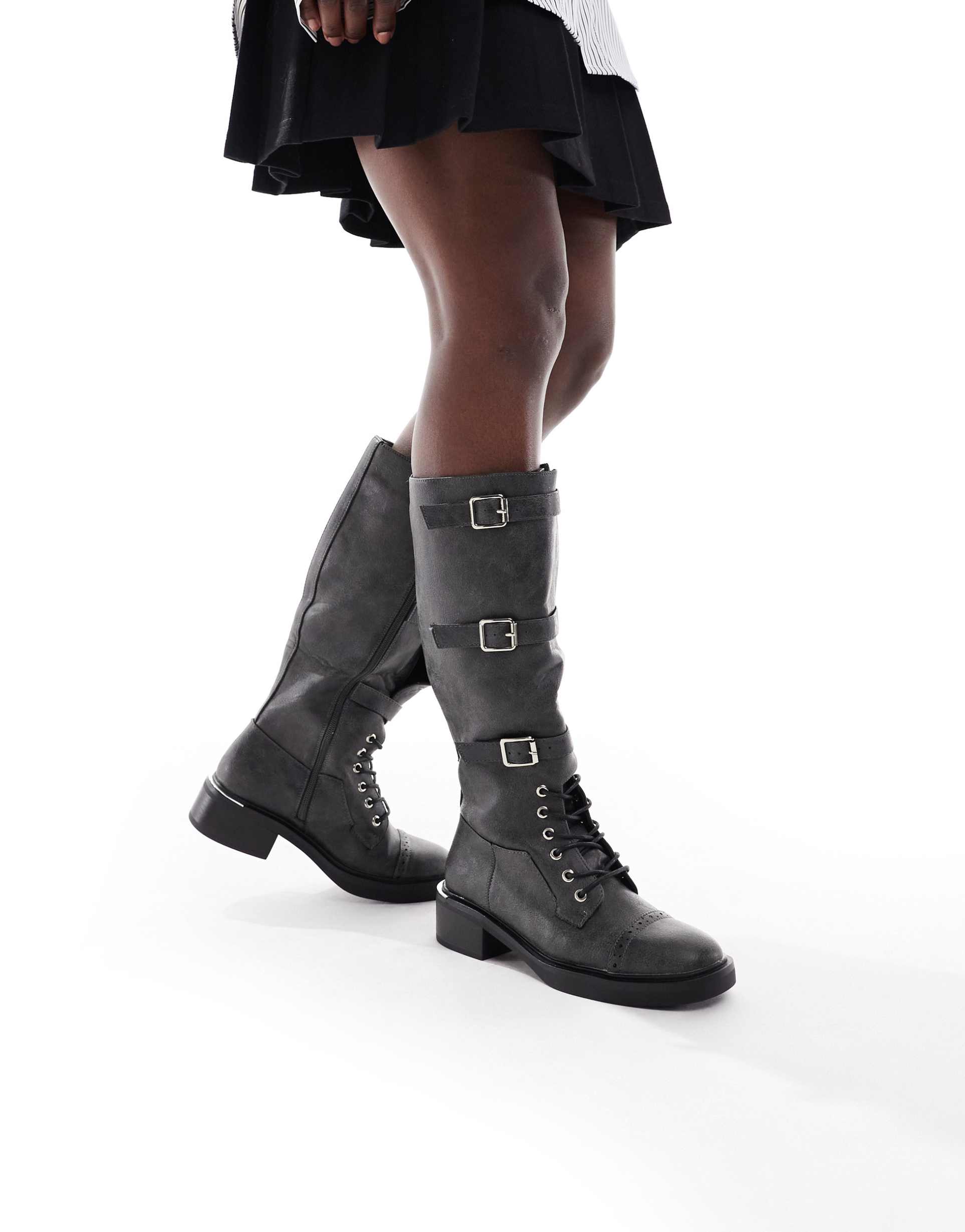 seqwl twix buckle detail lace up knee boots in charcoal