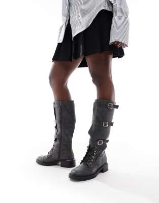 Seqwl Twix Buckle Detail Lace Up Knee Boots In Gray