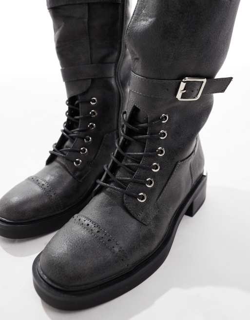SEQWL Twix buckle detail lace up knee boots in charcoal, 3 of 4