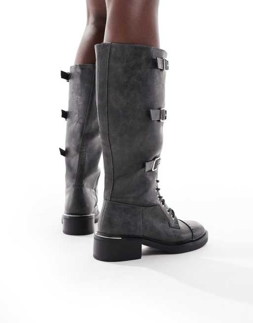 SEQWL Twix buckle detail lace up knee boots in charcoal | ASOS