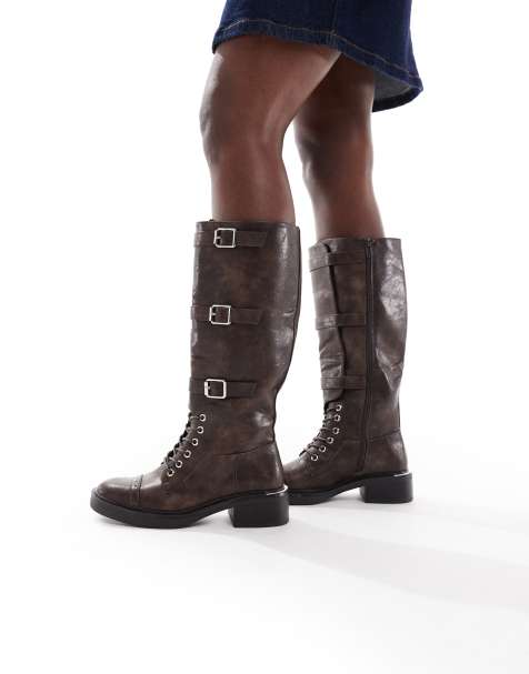 SEQWL Twix buckle detail lace up knee boots in distressed brown - view 1