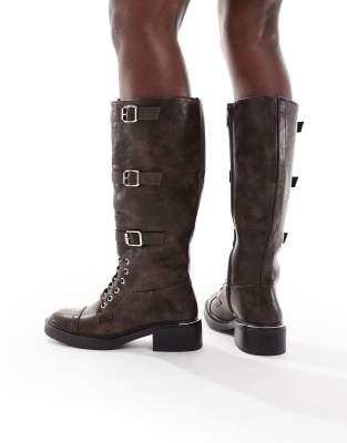 Seqwl Twix Buckle Detail Lace-up Knee Boots In Brown