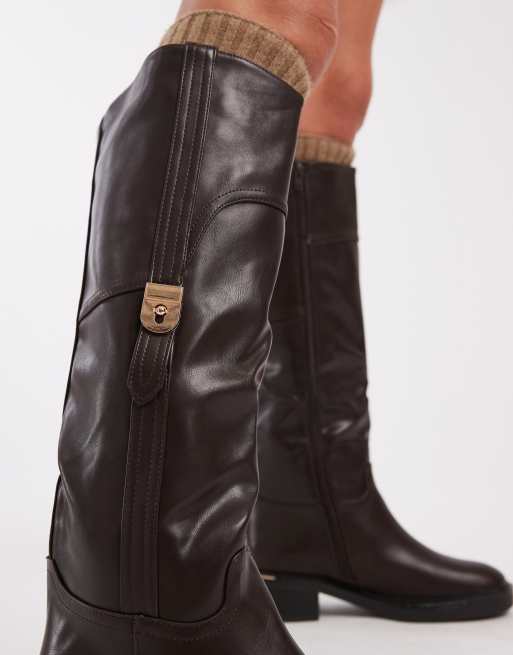SEQWL Twix buckle detailing refined riding boots in chocolate, 4 of 4