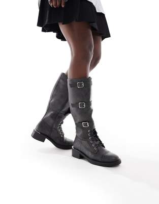SEQWL - Twix - Kniehohe Stiefel in Anthrazit mit Schnallen und Schnürung-Grau