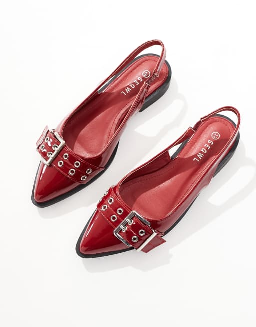 SEQWL Vardy sling back sandals with buckle detail in red, 2 of 4