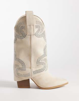 Verzierte, kniehohe Westernstiefel in Cremeweiß mit Mikrostruktur Weiß 37