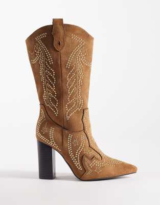 SEQWL - Verzierte, kniehohe Westernstiefel in Hellbraun mit Mikrostruktur-Brown