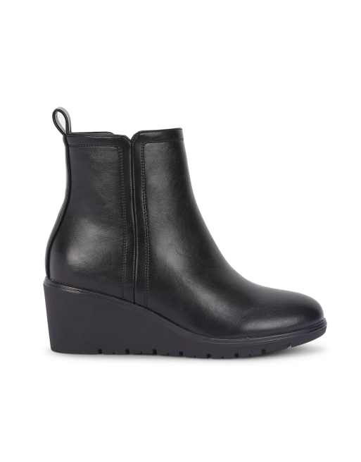 SEQWL Wedge heel ankle booties with cleated sole and pull tab in black, 5 of 5