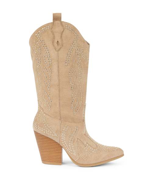 SEQWL Western cowboy boots with studded detailing and pointed toe in taupe - view 1
