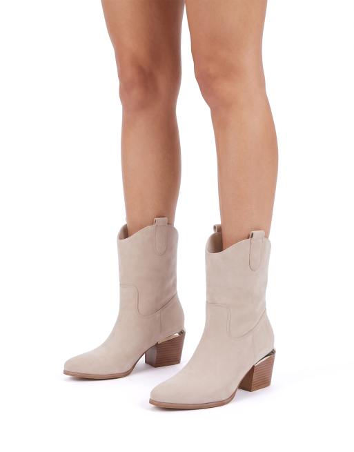 SEQWL Western cowboy calf boots with pointed toe and block heel in beige, 4 of 5