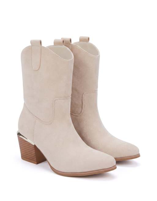 SEQWL Western cowboy calf boots with pointed toe and block heel in beige, 5 of 5