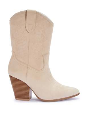  Western cowboy mid calf boots embroidered with pointed toe in beige