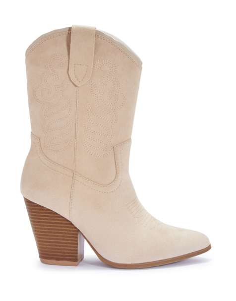 SEQWL Western cowboy mid calf boots embroidered with pointed toe in beige - view 1