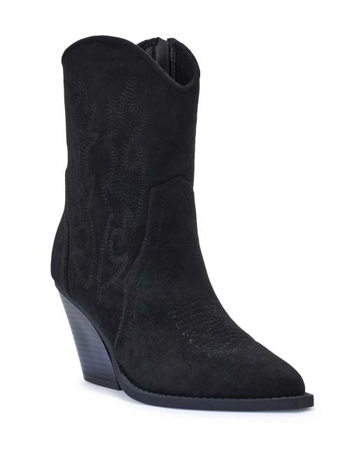 SEQWL Western embroidered calf boots with curved block heel in black, 3 of 5
