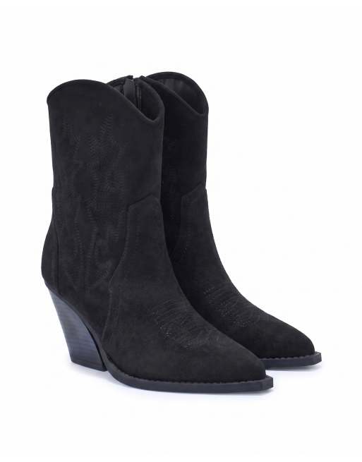 SEQWL Western embroidered calf boots with curved block heel in black, 5 of 5