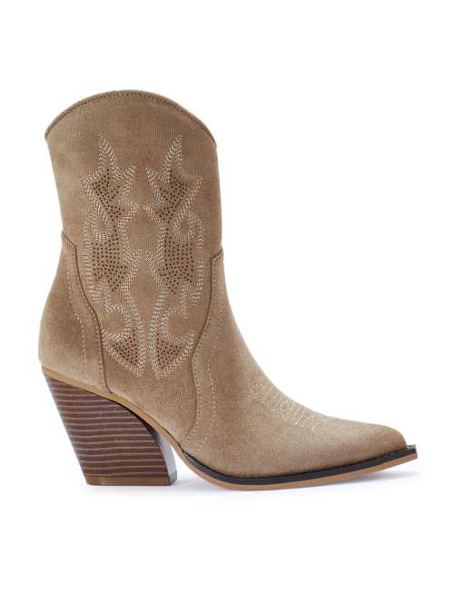 SEQWL Western embroidered calf boots with curved block heel in taupe, 3 of 5