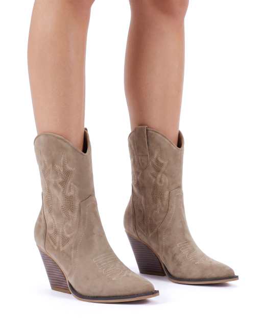 SEQWL Western embroidered calf boots with curved block heel in taupe, 4 of 5