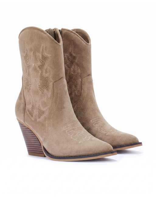 SEQWL Western embroidered calf boots with curved block heel in taupe, 5 of 5