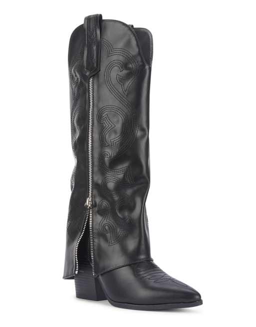 SEQWL Western fold over cowboy boots knee high pointed toe in black, 3 of 5