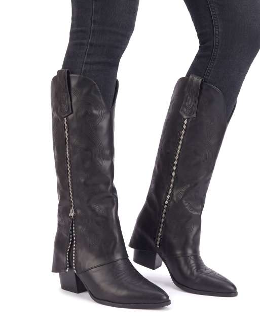 SEQWL Western fold over cowboy boots knee high pointed toe in black, 4 of 5