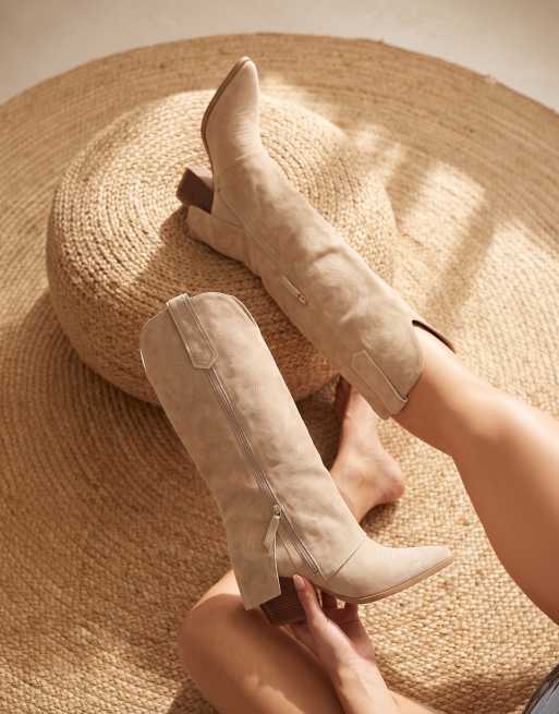 SEQWL Western fold over cowboy boots knee high pointed toe in stone, 2 of 5