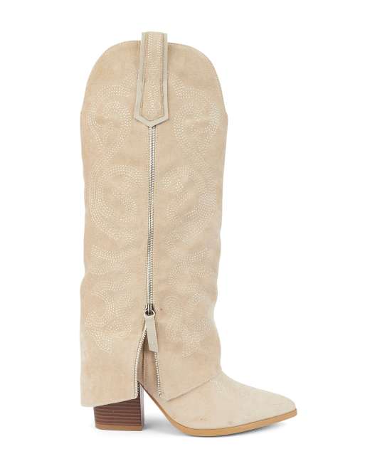 SEQWL Western fold over cowboy boots knee high pointed toe in stone, 3 of 5