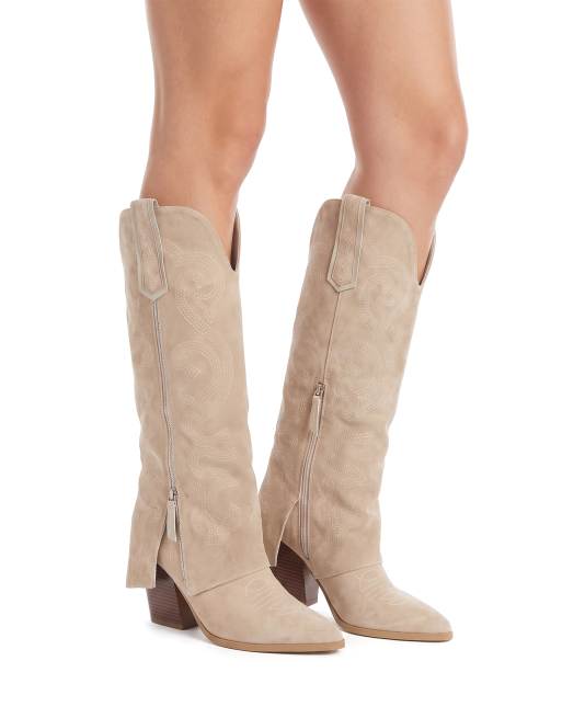 SEQWL Western fold over cowboy boots knee high pointed toe in stone, 4 of 5