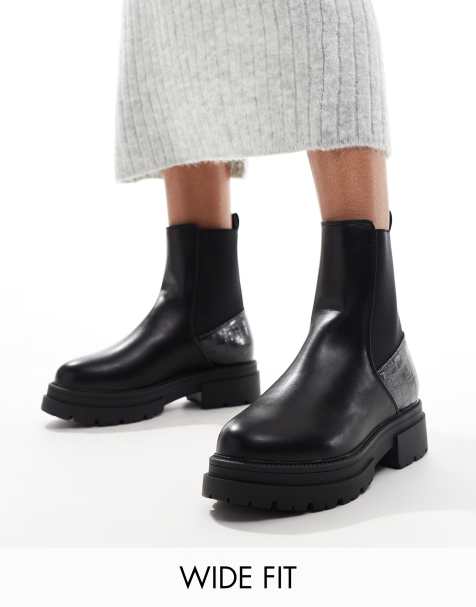 SEQWL Wide Fit ankle boots with croc detail in black - view 1