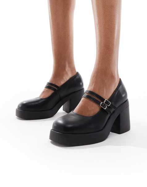 SEQWL Wide Fit Audi strappy platform mary janes in black - view 1