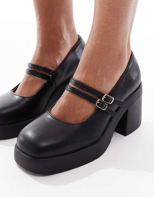 SEQWL Wide Fit Audi strappy platform Mary Janes in black