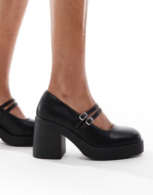 SEQWL Wide Fit Audi strappy platform Mary Janes in black ASOS